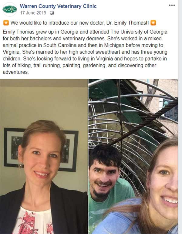 Image of Caption: Dr. Emily Thomas currently residing and working in Warren Country, Virginia
